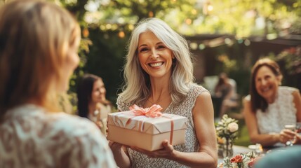 Wall Mural - A woman is holding a gift box and smiling