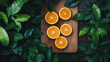 Brown wooden chopping board holds five sliced oranges, surrounded by vibrant green leaves