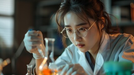 Poster - A woman in a lab coat is wearing glasses and looking at a beaker