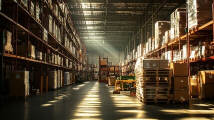 Poster - Sunlight Illuminates an Empty Warehouse Aisle with Pallets of Cardboard Boxes