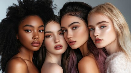 Four women with different hair colors and features are posing for a photo