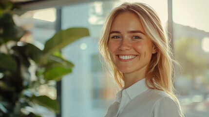 Wall Mural - Woman with white shirt smiling