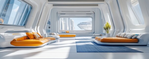 Futuristic modern living room with sleek white interiors, vibrant orange accents, and large windows offering a bright, spacious look.