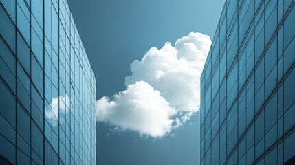 two modern office building and a dark blue sky and white fluffy clouds 