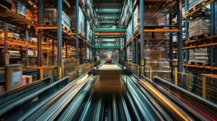 Poster - Conveyor Belt System in a Large Warehouse with Pallets of Goods