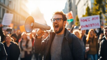 A man shouting into a megaphone in front of a crowd of people