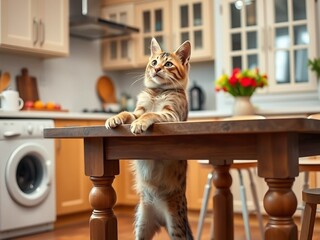 Amazing high resolution photos of an adult pet standing on its hind legs at the kitchen table. Pets