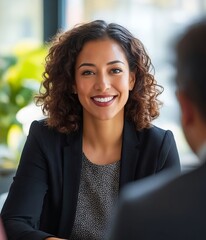 Wall Mural - A woman sitting at a table talking to a man in a suit