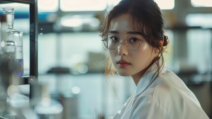 Poster - a woman wearing glasses and a white lab coat is looking at the camera