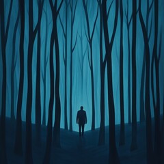 Wall Mural - dark forest with a lone figure walking through it, representing the journey through depression, [dep