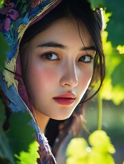 Wall Mural - A woman wearing a colorful scarf in a vineyard