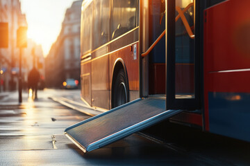 Red city bus is parked on a city street at sunset with its doors open and wheelchair ramp extended