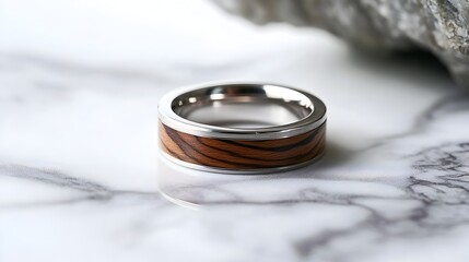 Aufkleber - Stylish wood ring with a zebrawood inlay and platinum edges lying on a smooth minimalist marble background showcasing modern design aesthetics and luxurious craftsmanship