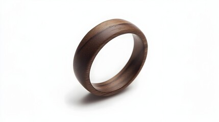 Poster - Elegant and Understated Minimalist Wooden Ring with a Simple Walnut Band Lying on a Plain White Background Showcasing Natural Beauty and Design