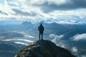 Wall Mural - Hiker on mountain summit overlooking vast landscape