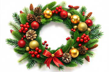 Festive Christmas wreath adorned with pine cones, red berries, and shiny ornaments on a white background