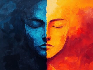 Wall Mural - An abstract face divided in half, one side dark and the other side glowing with subtle light, illustrating the contrast between depression and the hope of awareness