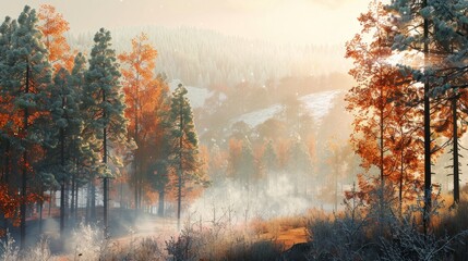 Wall Mural - A forest with snow on the ground and trees with orange leaves