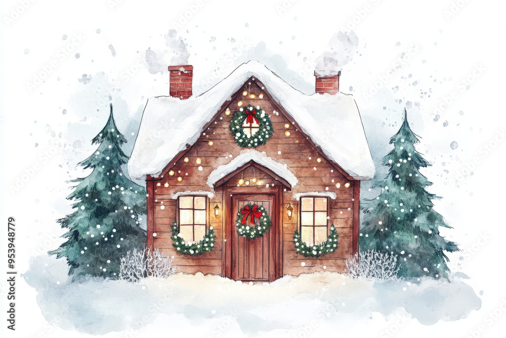 Charming winter scene featuring a cozy wooden house adorned with ...