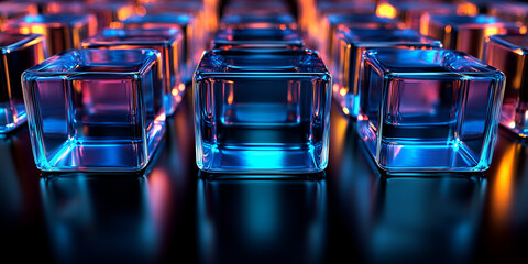 Poster - Colorful illuminated glass cubes arrange neatly on a dark surface, creating a striking visual effect at night