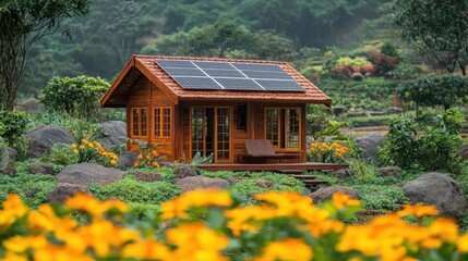 architectural model of a solar-powered house with surrounding green landscape