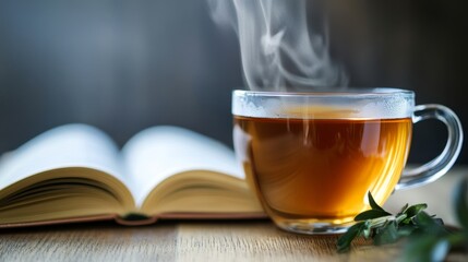 Close-up of steaming tea cup next to open book on wooden surface, with herb sprig, ideal for reading and relaxation concept