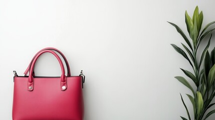 Stylish pink leather handbag and green plant on white background, fashion and lifestyle concept with ample copy space