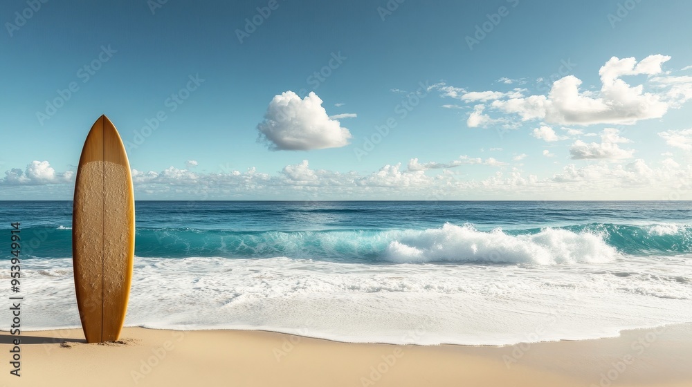 Yellow surfboard standing upright on pristine sandy beach with ...