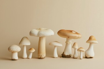 Canvas Print - A group of mushrooms are arranged in a row on a tan background. The mushrooms vary in size and shape, with some being larger and others smaller