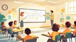 © AiAbstract - Engaging Classroom Lesson: Teacher Explaining with Pointer While Students Take Notes at Whiteboard with Clock on Wall