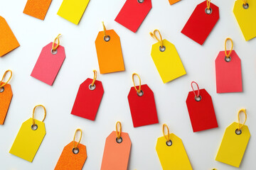 Poster - Colorful gift tags with yellow string lying on white background