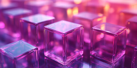 Poster - Colorful translucent cubes arranged closely, reflecting vibrant light in a luminous environment during twilight
