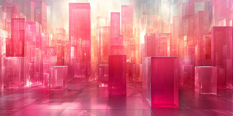 Aufkleber - Vibrant glass structures illuminated by soft light in an abstract urban landscape of pink and red hues