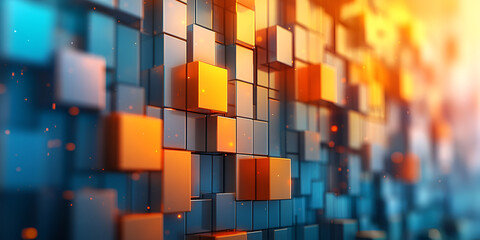 Aufkleber - Colorful three-dimensional blocks create a dynamic abstract background filled with orange and blue hues during sunset