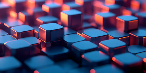 Aufkleber - Close-up view of metallic cubes arranged in a pattern with warm lighting reflecting off surfaces during golden hour