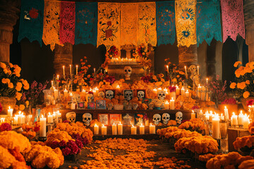 A vibrant Dia de Muertos altar adorned with marigolds, candles, and decorative papel picado creates warm and inviting atmosphere for honoring loved ones.