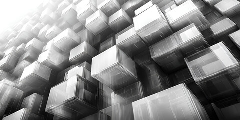 Aufkleber - Abstract representation of transparent cubes arranged in a staggered pattern, creating a sense of depth and dimension in a light-filled space