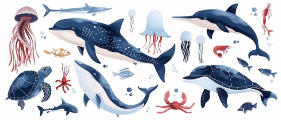 Wall Mural - A collection of vector illustrations of sea animals, including whales, dolphins, and jellyfish, isolated on a white background.