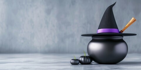 Black witch hat and cauldron with broomstick and pumpkins on a grey background. Banner with copy space