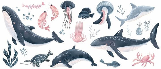 Wall Mural - A collection of vector illustrations of sea animals, including whales, dolphins, and jellyfish, isolated on a white background.