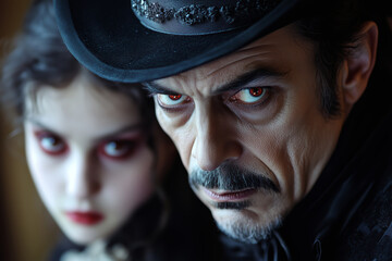 Dracula fiercely battles darkness to rescue a young girl in the heart of a shadowy castle on a moonlit night