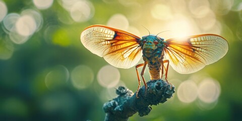 Wall Mural - colorful cicada perched on a branch, with its wings spread wide against a blurred green background