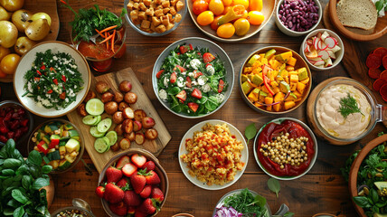 Wall Mural - Colorful spread of fresh salads and fruits on a wooden table in daylight