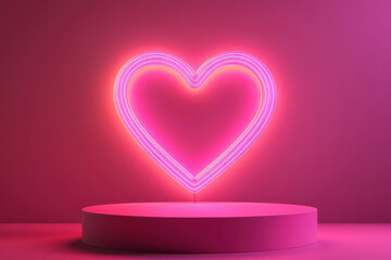 Poster - Vivid pink neon heart shape is standing on a pink podium, lighting up the whole scene