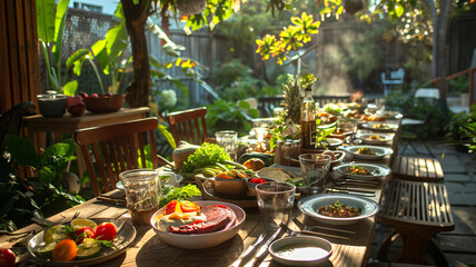 Outdoor gathering featuring a bountiful fresh meal in a garden setting