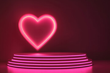 Poster - Pink neon heart is shining above a round stage with four steps