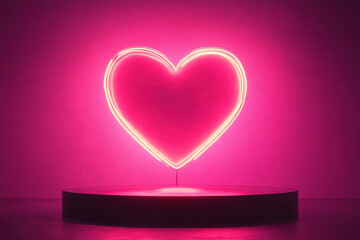 Poster - Neon pink heart shape is glowing on a podium against a pink background