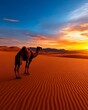 © Lightgeo - A majestic camel stands alone in the vibrant sunset over a vast desert landscape, showcasing the beauty of nature.