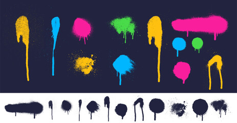 Wall Mural - Spray paint drips, inky blots or splashes. Vector dirty grunge splash stains. Colored vector splatters, graffiti inkblot spots with dusty speckle effect. Paintbrush splotch, liquid blob, ink drop set.