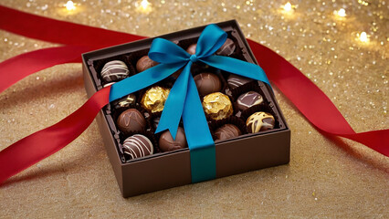 Closeup photo of open luxury chocolate box full of different flavored and shaped dark and white chocolate pieces for gift